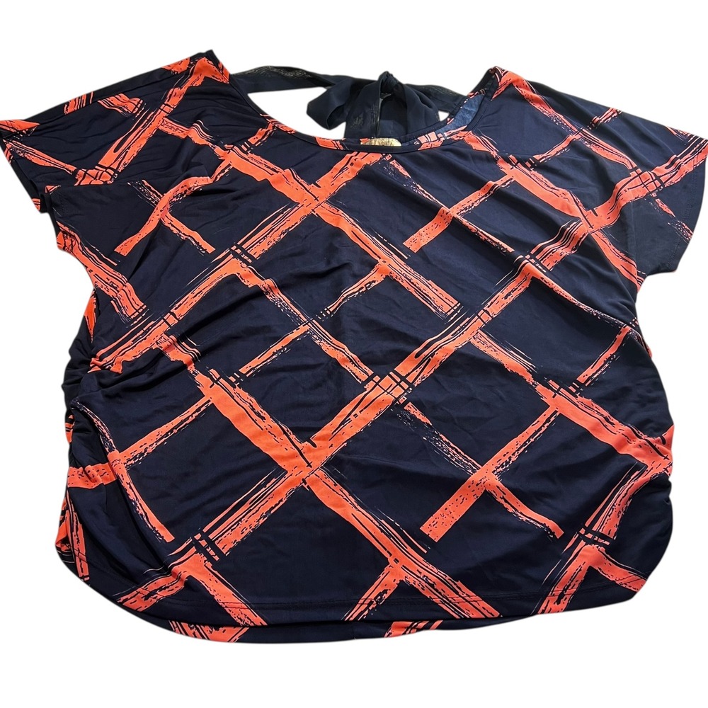 Lavish Plus Navy‎ & Coral Diamond Print Top Women's Size 1X Tie Back